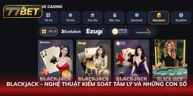 Bàn Blackjack 77BET với hai lá bài chia cho người chơi và lá bài ngửa của Dealer