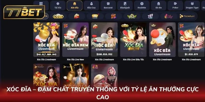 Bàn Xóc Đĩa 77BET với bát úp và bốn đồng vị đỏ trắng đặt trên đĩa